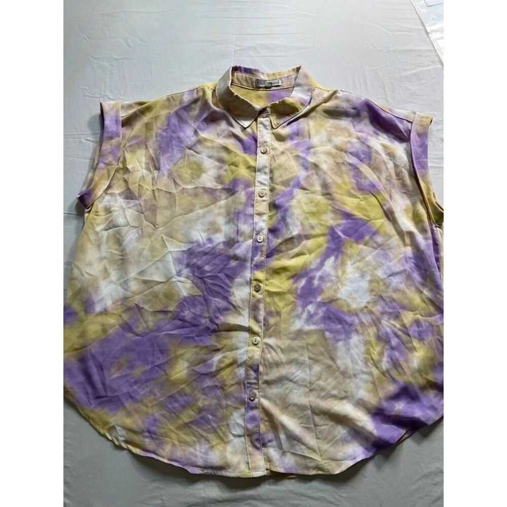 Wishlist Apparel Tie Dye Short Sleeve Button Up Shirt Purple Yellow S/M